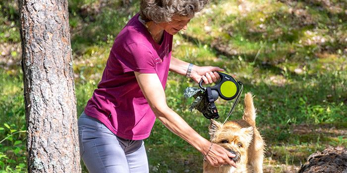 Kvinna med sin hund i skogen